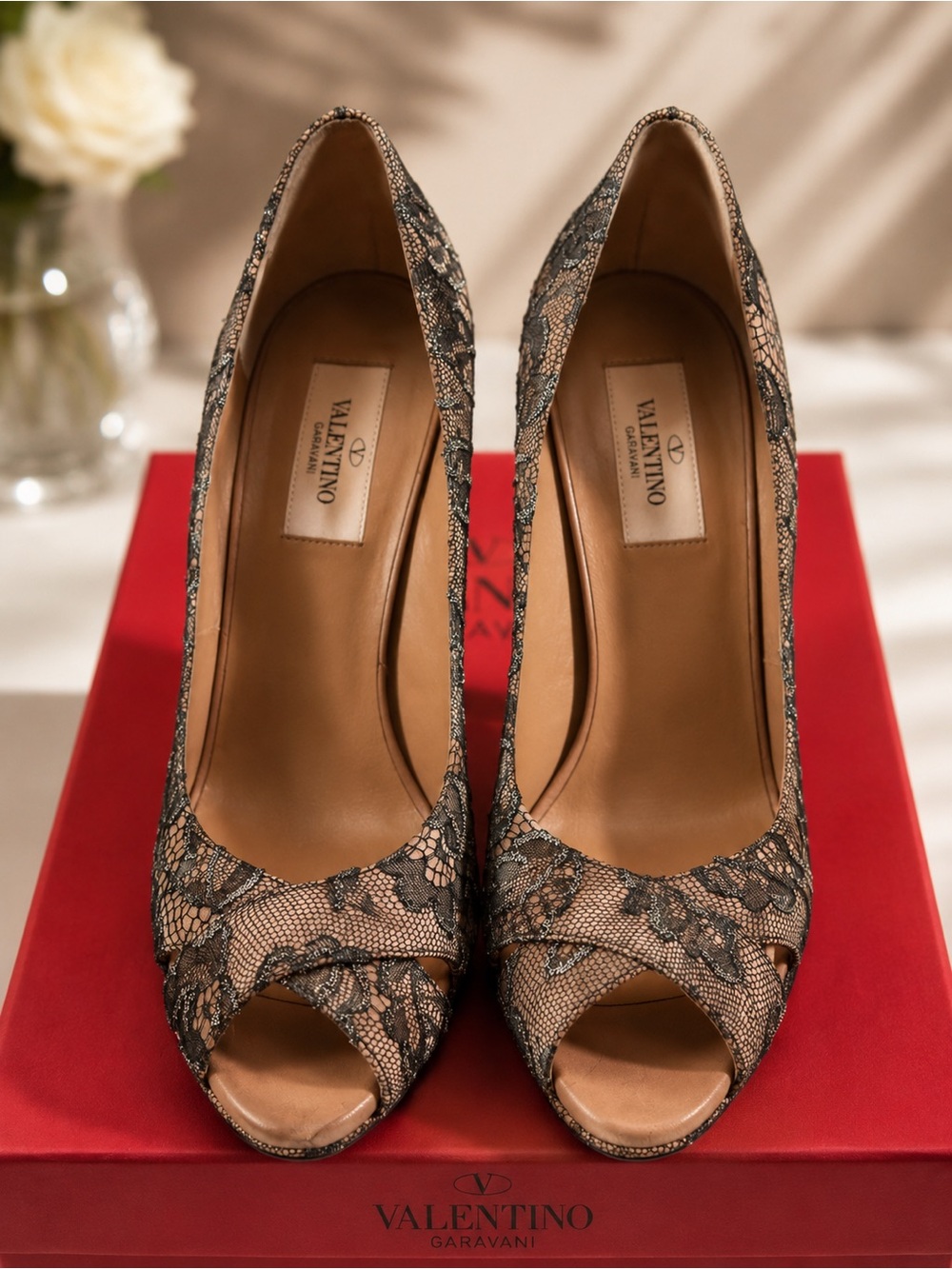 Valentino Garavani Black Lace Peep-Toe Pumps with Nude Underlay